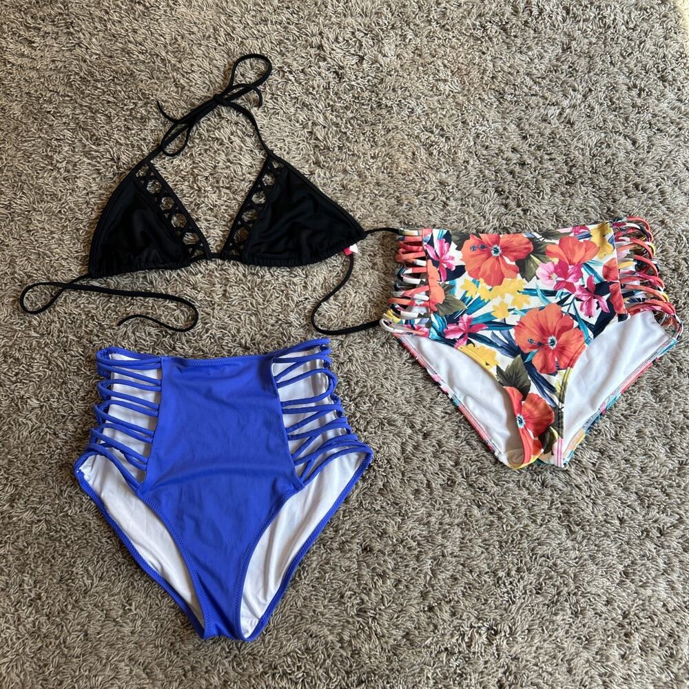 VICTORIA'S SECRET sz M Swimsuit Bikini Top High-Waist Bottoms STRAPPY BONUS H26